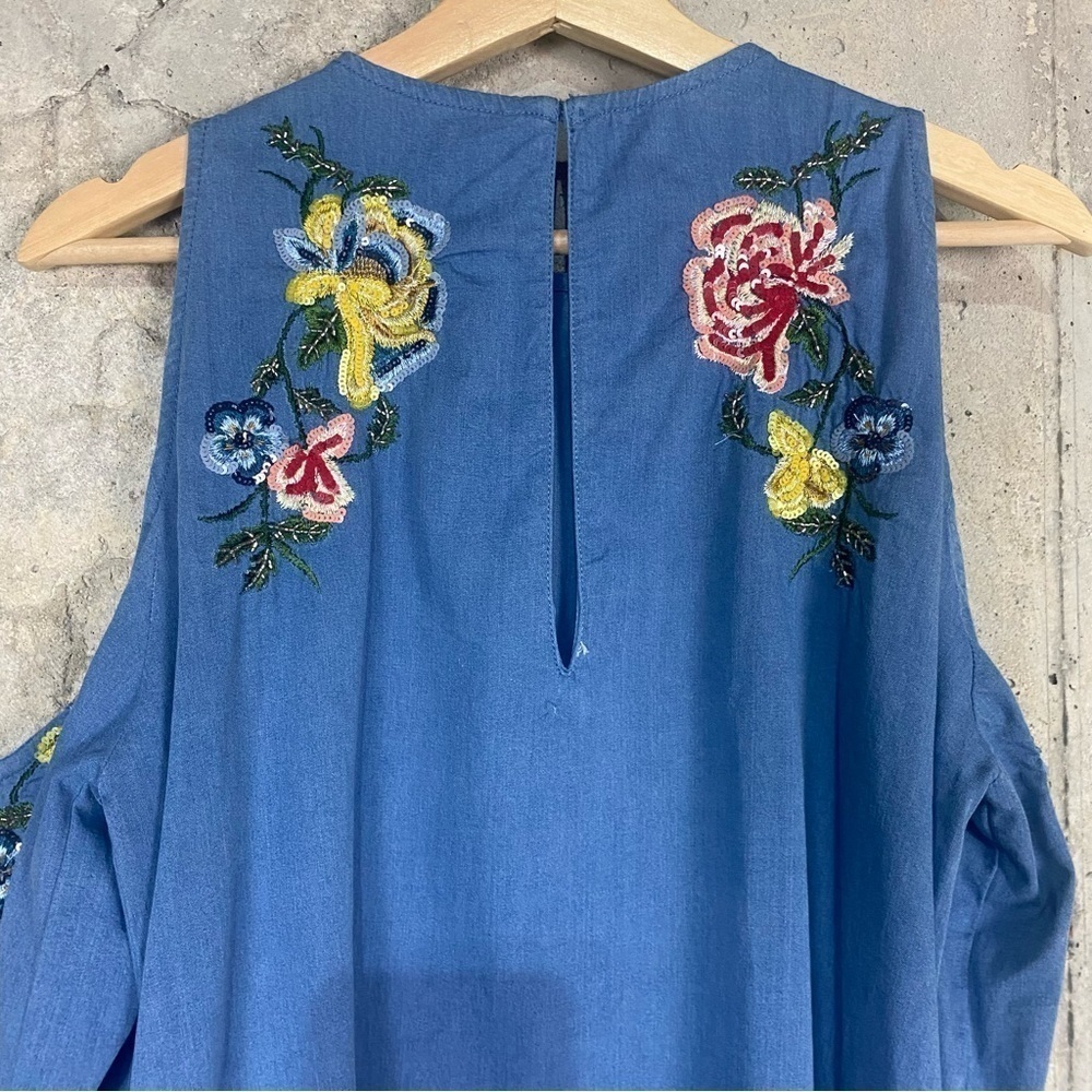 Zara blue chambray floral embroidered boho cold shoulder shift dress medium - Picture 9 of 9